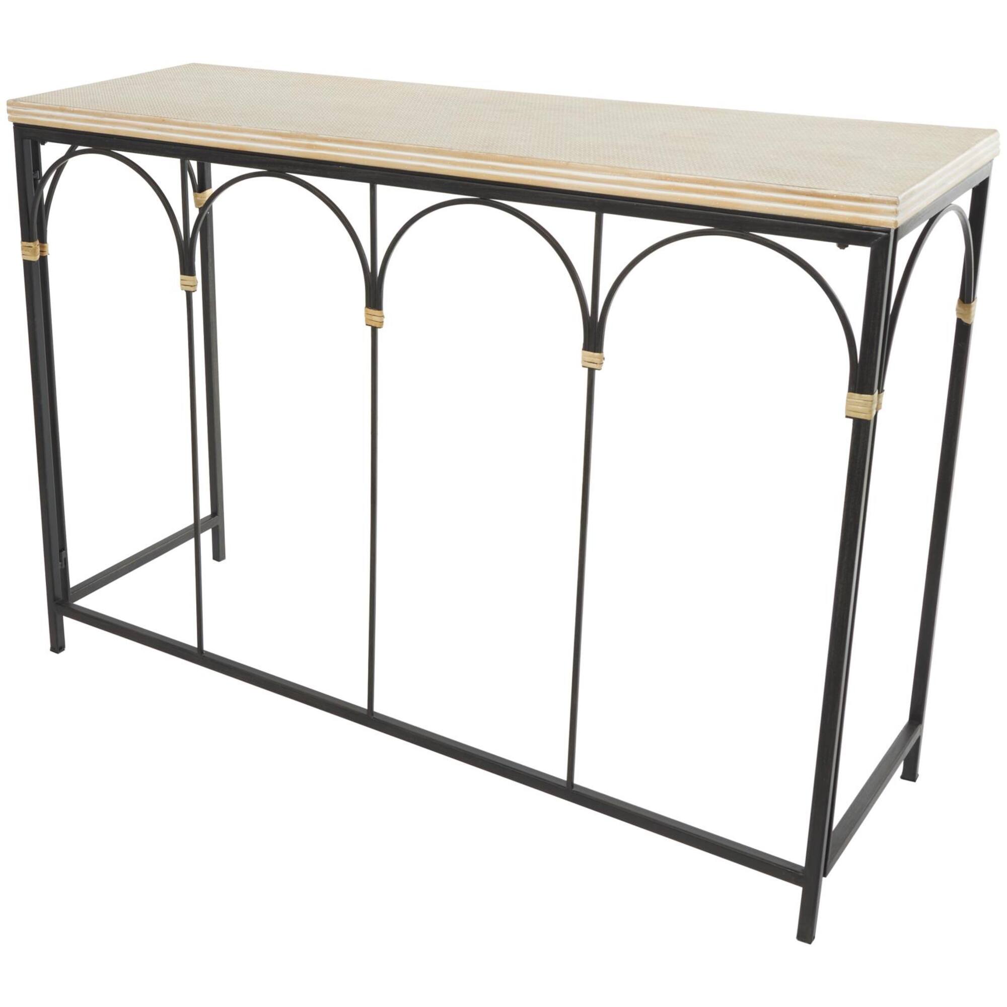 42.5" Black Arched Console Table with Zig Zag Patterned Top and Rattan Accents